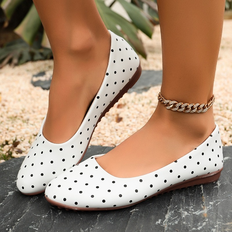 Women Shoes Wedges - Sepatu Flat Wanita Putih Polkadot, Ujung
