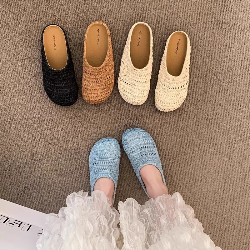 Women Shoes Mules - Sandal Wanita Anyaman Rafia, Sandal Selop