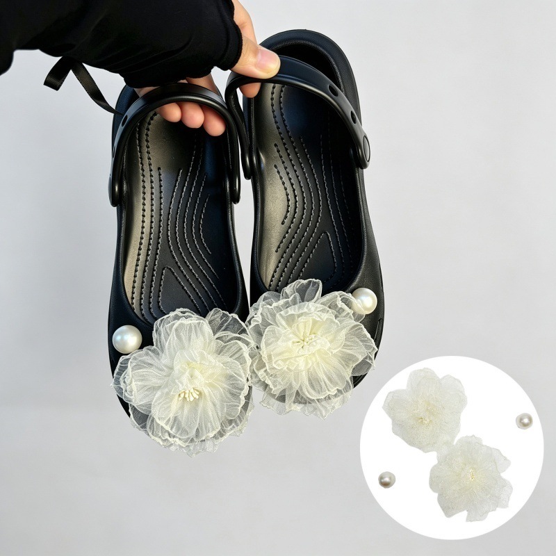 Women Shoes Elegant - Dekorasi Sepatu Clog Bunga Chiffon Korea