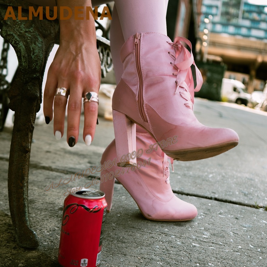 Sepatu Boots ALMUDENA Pink Sat - Ribbon Tie Heel ulasan dan harga