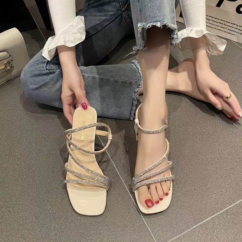 Sandal Hak Tebal Berhias Rhine - Rhinestone Sandal Women ulasan dan harga