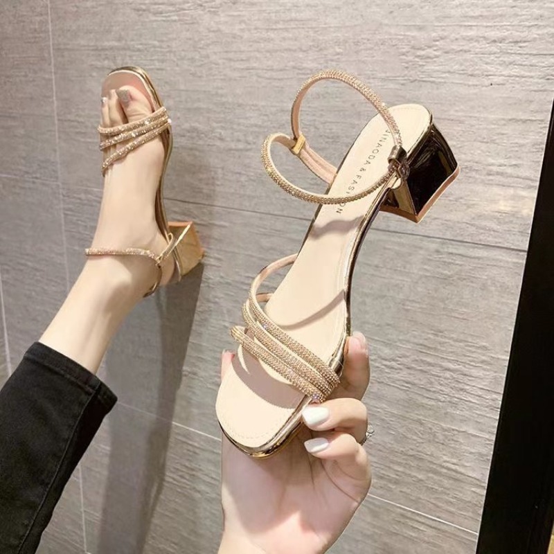 Sandal Hak Tebal Berhias Rhine - Rhinestone Sandal Women ulasan dan harga